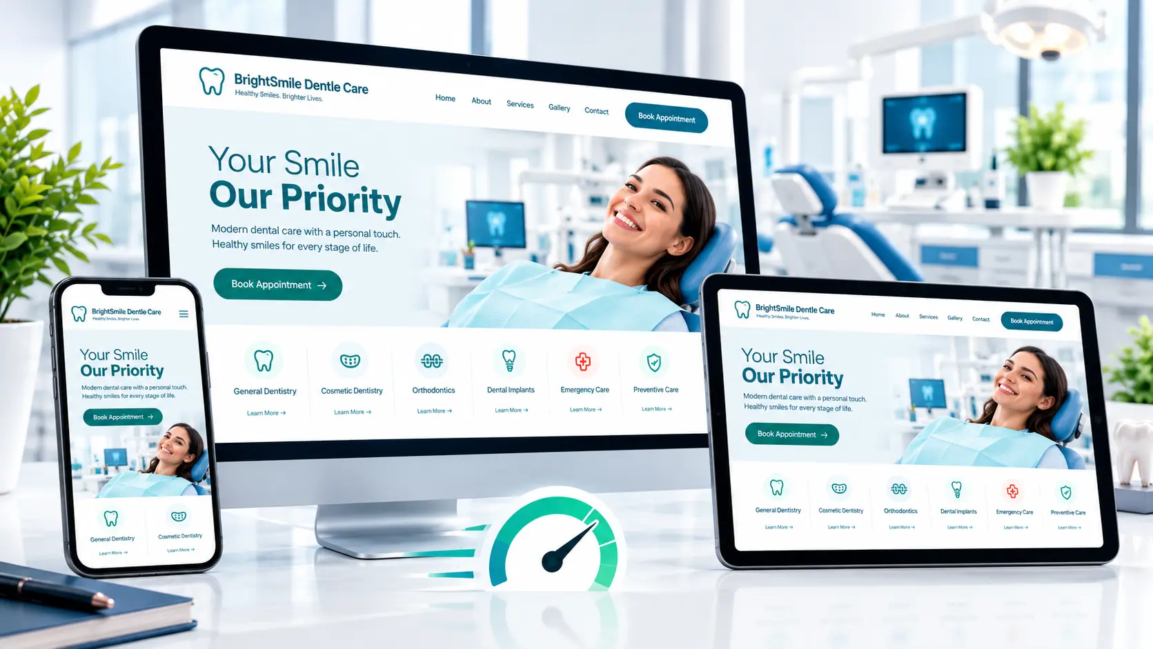 Responsive dental website design displayed across desktop tablet and mobile devices
